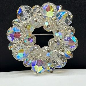 Brilliant Vintage silver tone AB coated clear crystal brooch pin 1.75 inches